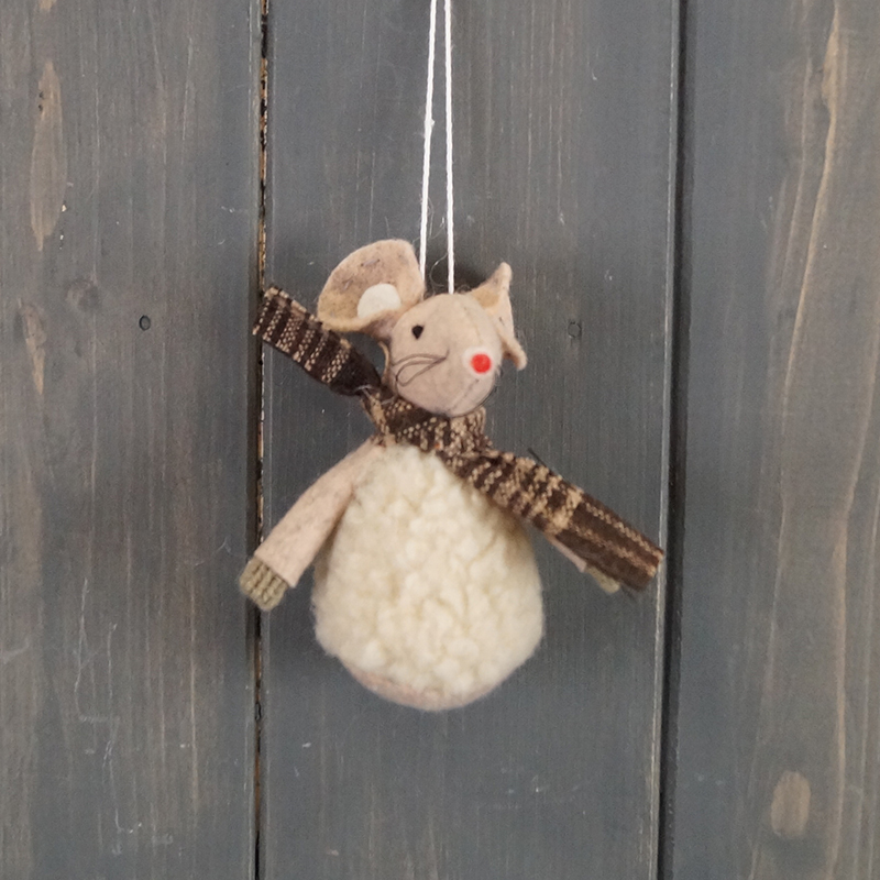 Small Brown Fabric Hanging Mouse with Tartan Scarf (8cm) detail page